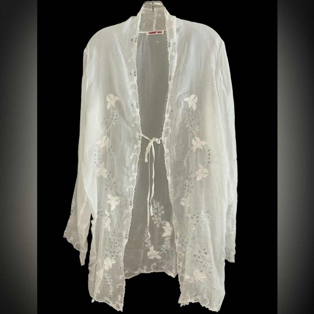 NEW Johnny Was Sz M Sheer Silver Metallic Embroidery L/S White Kimono Jacket Top